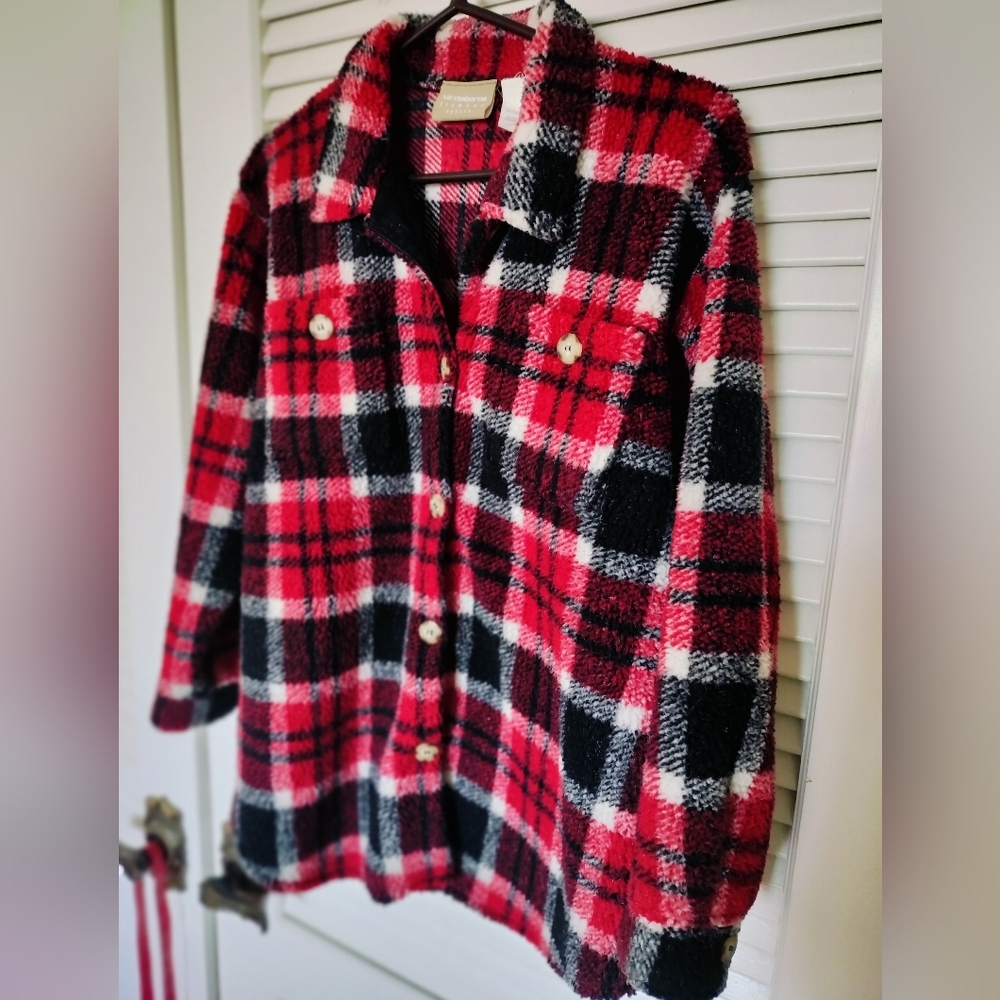 Vintage Liz Claiborne Lizwear Petite Plaid Sherpa Shacket Jacket PS Oversized